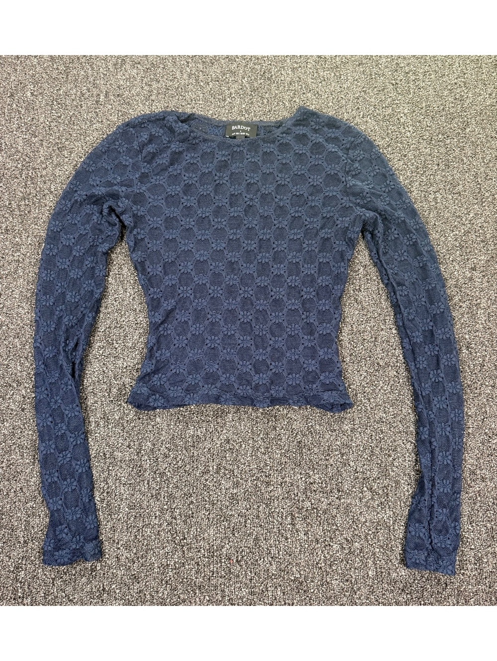 Y2K Bardot Navy Blue Floral sheer Lace Long Sleeve Top Size S